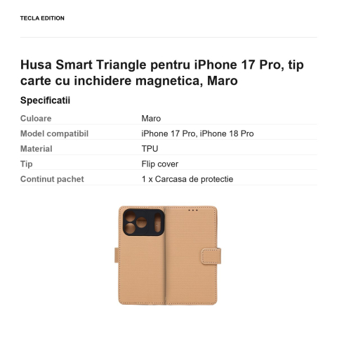 Husa Smart Triangle pentru iPhone 17 Pro, tip carte cu inchidere magnetica, Maro [2]
