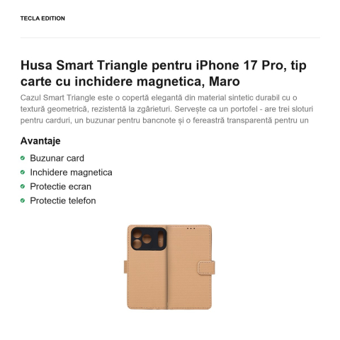 Husa Smart Triangle pentru iPhone 17 Pro, tip carte cu inchidere magnetica, Maro [1]