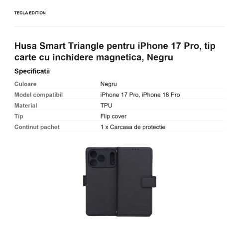 Husa Smart Triangle pentru iPhone 17 Pro, tip carte cu inchidere magnetica, Negru [2]