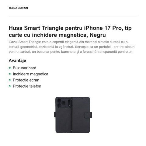 Husa Smart Triangle pentru iPhone 17 Pro, tip carte cu inchidere magnetica, Negru [1]