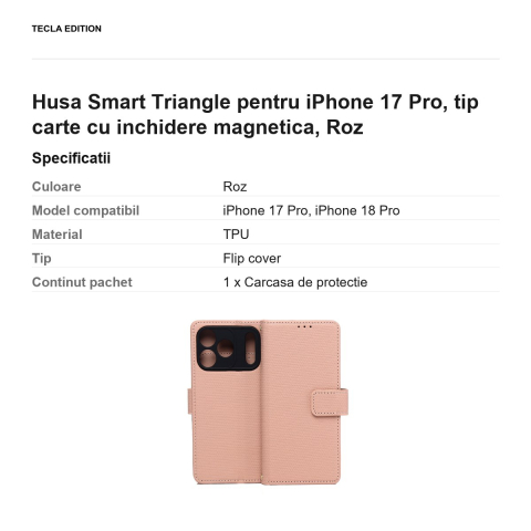 Husa Smart Triangle pentru iPhone 17 Pro, tip carte cu inchidere magnetica, Roz [2]