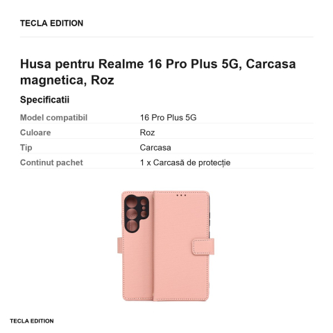 Husa Smart Triangle pentru Realme 16 Pro Plus 5G, tip carte cu inchidere magnetica, Roz [2]