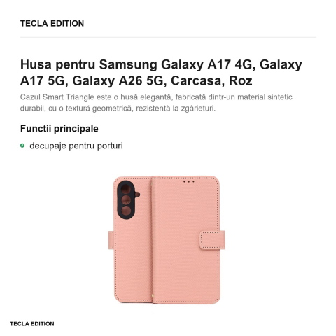 Husa Smart Triangle pentru Samsung Galaxy A17 4G, Galaxy A17 5G, Galaxy A26 5G, tip carte, Roz [1]