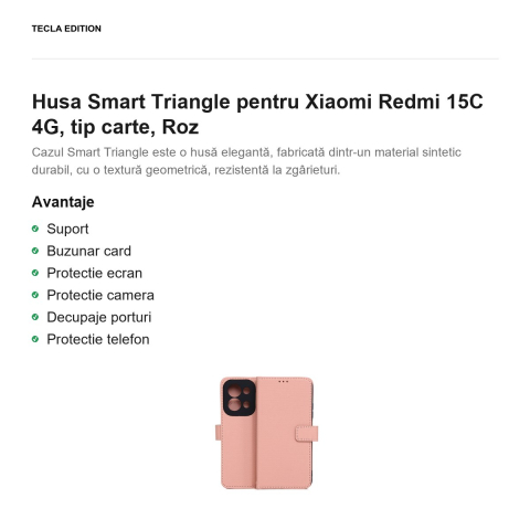 Husa Smart Triangle pentru Xiaomi Redmi 15C 4G, tip carte, Roz [1]