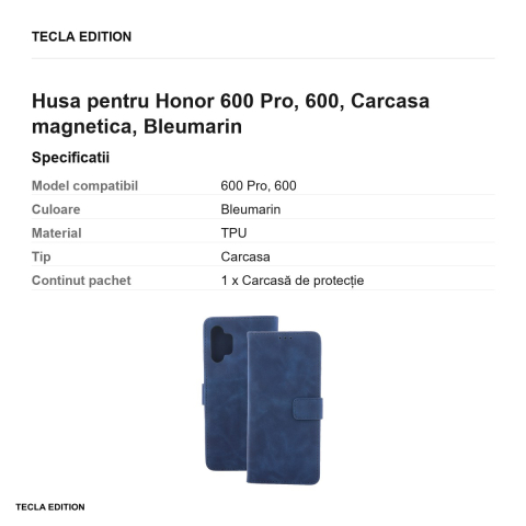 Husa Smart Velvet pentru Honor 600 Pro, 600, tip carte cu inchidere magnetica, Bleumarin [2]