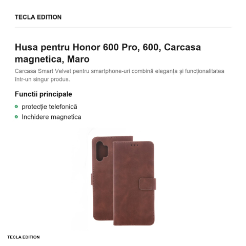 Husa Smart Velvet pentru Honor 600 Pro, 600, tip carte cu inchidere magnetica, Maro [1]