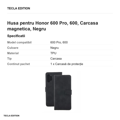Husa Smart Velvet pentru Honor 600 Pro, 600, tip carte cu inchidere magnetica, Negru [2]