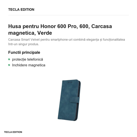 Husa Smart Velvet pentru Honor 600 Pro, 600, tip carte cu inchidere magnetica, Verde [1]