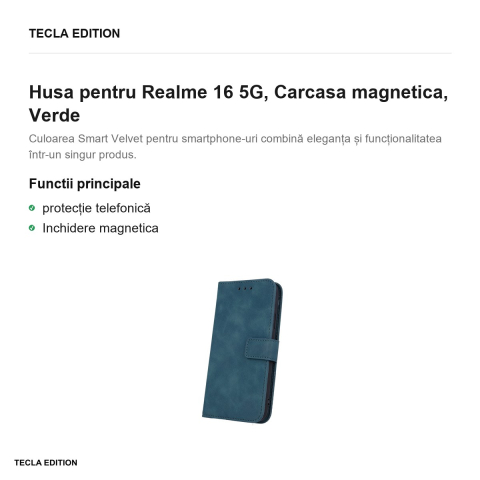 Husa Smart Velvet pentru Realme 16 5G, tip carte cu inchidere magnetica, Verde [1]