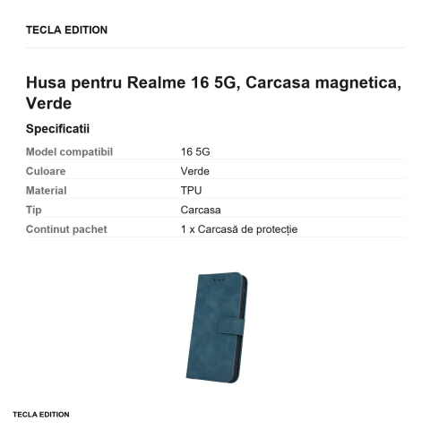 Husa Smart Velvet pentru Realme 16 5G, tip carte cu inchidere magnetica, Verde [2]