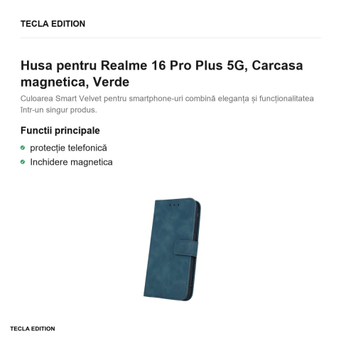 Husa Smart Velvet pentru Realme 16 Pro Plus 5G, tip carte cu inchidere magnetica, Verde [1]