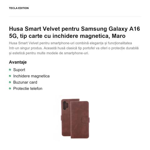 Husa Smart Velvet pentru Samsung Galaxy A16 5G, tip carte cu inchidere magnetica, Maro [1]
