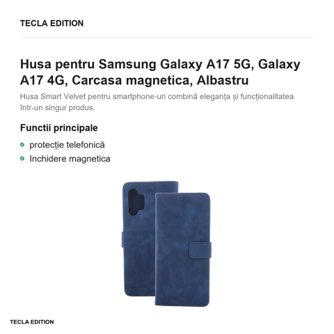 Husa Smart Velvet pentru Samsung Galaxy A17 5G, Galaxy A17 4G, tip carte cu inchidere magnetica, Albastru [1]