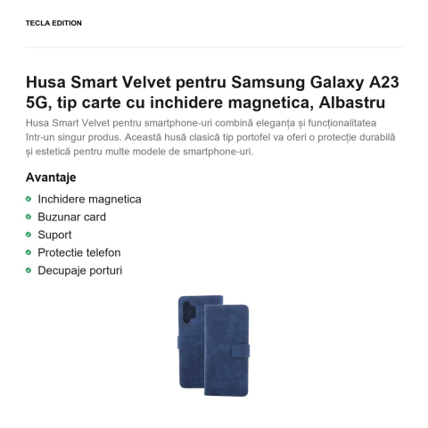 Husa Smart Velvet pentru Samsung Galaxy A23 5G, tip carte cu inchidere magnetica, Albastru [1]