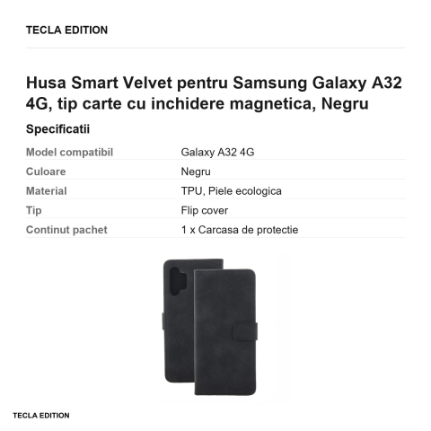 Husa Smart Velvet pentru Samsung Galaxy A32 4G, tip carte cu inchidere magnetica, Negru [2]