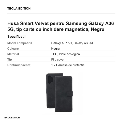 Husa Smart Velvet pentru Samsung Galaxy A36 5G, tip carte cu inchidere magnetica, Negru [2]