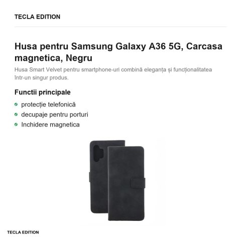 Husa Smart Velvet pentru Samsung Galaxy A36 5G, tip carte cu inchidere magnetica, Negru [1]