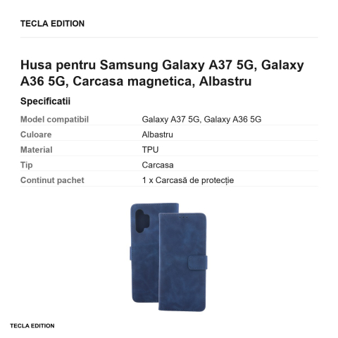 Husa Smart Velvet pentru Samsung Galaxy A37 5G, Galaxy A36 5G, tip carte cu inchidere magnetica, Albastru [2]