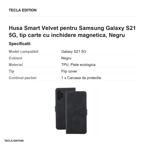 Husa Smart Velvet pentru Samsung Galaxy S21 5G, tip carte cu inchidere magnetica, Negru [2]