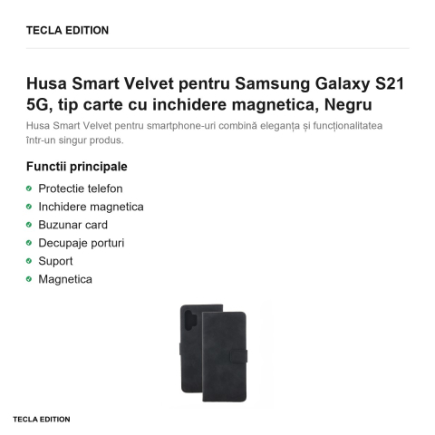 Husa Smart Velvet pentru Samsung Galaxy S21 5G, tip carte cu inchidere magnetica, Negru [1]