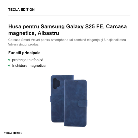 Husa Smart Velvet pentru Samsung Galaxy S25 FE, tip carte cu inchidere magnetica, Albastru [1]