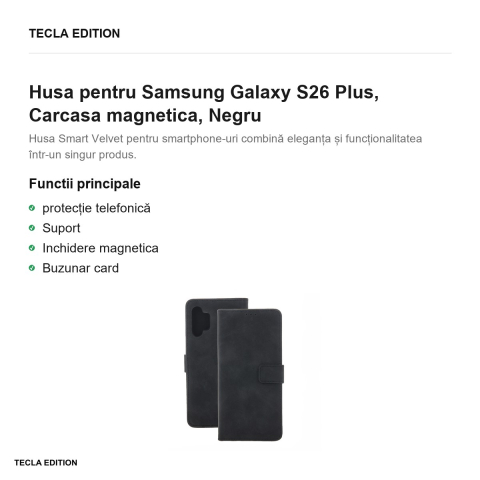 Husa Smart Velvet pentru Samsung Galaxy S26 Plus, tip carte cu inchidere magnetica, Negru [1]