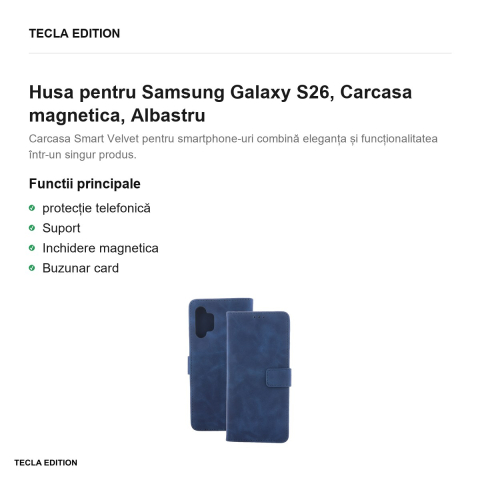 Husa Smart Velvet pentru Samsung Galaxy S26, tip carte cu inchidere magnetica, Albastru [1]