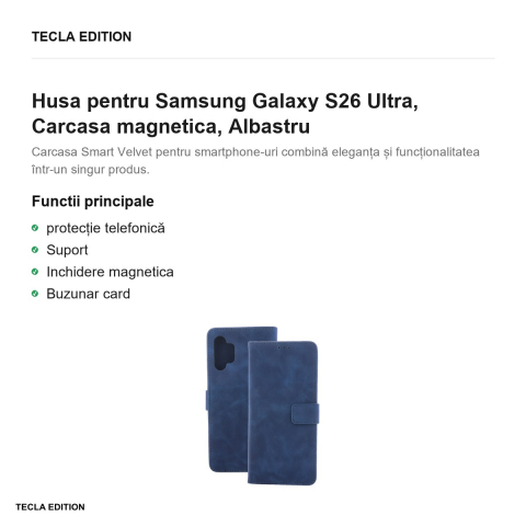 Husa Smart Velvet pentru Samsung Galaxy S26 Ultra, tip carte cu inchidere magnetica, Albastru [1]