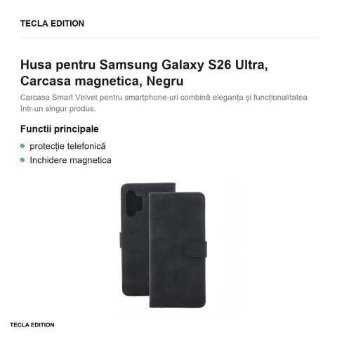 Husa Smart Velvet pentru Samsung Galaxy S26 Ultra, tip carte cu inchidere magnetica, Negru [1]