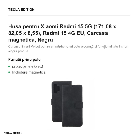 Husa Smart Velvet pentru Xiaomi Redmi 15 5G, Redmi 15 4G EU, tip carte cu inchidere magnetica, Negru [1]