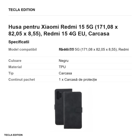 Husa Smart Velvet pentru Xiaomi Redmi 15 5G, Redmi 15 4G EU, tip carte cu inchidere magnetica, Negru [2]