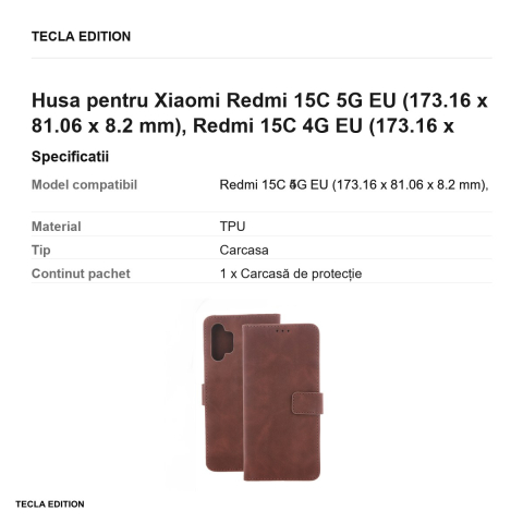 Husa Smart Velvet pentru Xiaomi Redmi 15C 5G EU, Redmi 15C 4G EU, tip carte cu inchidere magnetica, Maro [2]