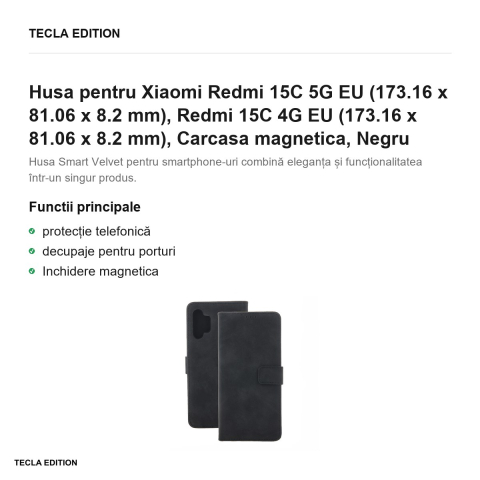 Husa Smart Velvet pentru Xiaomi Redmi 15C 5G EU, Redmi 15C 4G EU, tip carte cu inchidere magnetica, Negru [1]