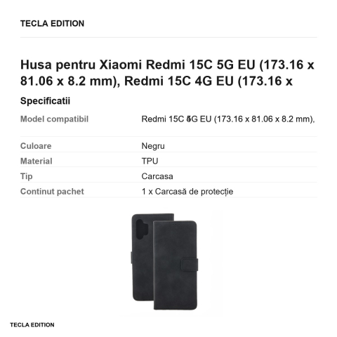 Husa Smart Velvet pentru Xiaomi Redmi 15C 5G EU, Redmi 15C 4G EU, tip carte cu inchidere magnetica, Negru [2]