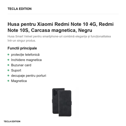 Husa Smart Velvet pentru Xiaomi Redmi Note 10 4G, Redmi Note 10S, tip carte cu inchidere magnetica, Negru [1]