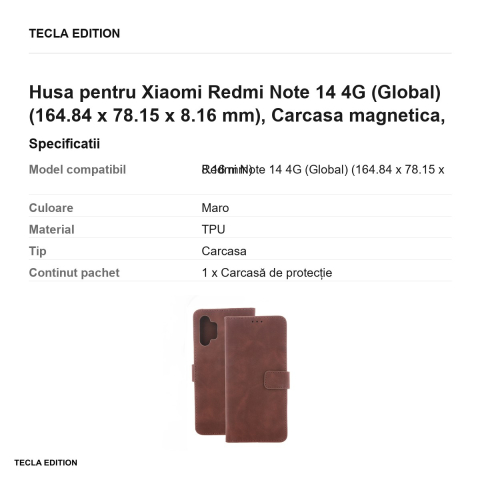 Husa Smart Velvet pentru Xiaomi Redmi Note 14 4G (Global), tip carte cu inchidere magnetica, Maro [2]