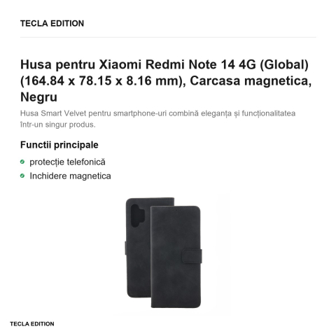 Husa Smart Velvet pentru Xiaomi Redmi Note 14 4G (Global), tip carte cu inchidere magnetica, Negru [1]