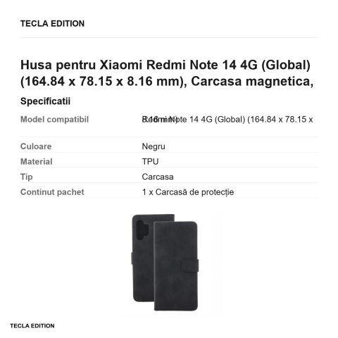 Husa Smart Velvet pentru Xiaomi Redmi Note 14 4G (Global), tip carte cu inchidere magnetica, Negru [2]