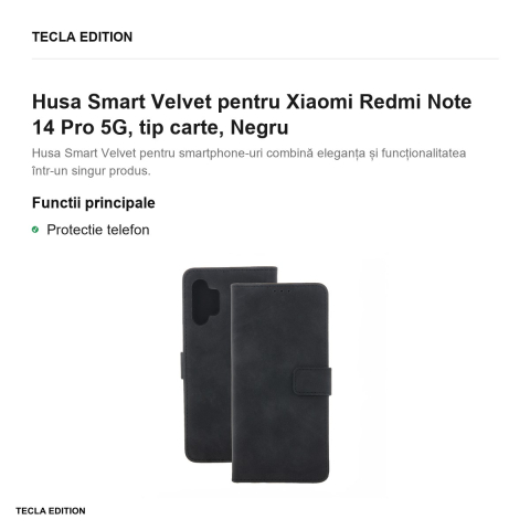 Husa Smart Velvet pentru Xiaomi Redmi Note 14 Pro 5G, tip carte, Negru [1]