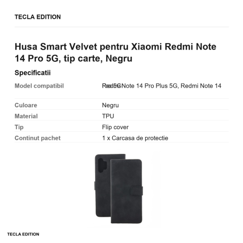 Husa Smart Velvet pentru Xiaomi Redmi Note 14 Pro 5G, tip carte, Negru [2]