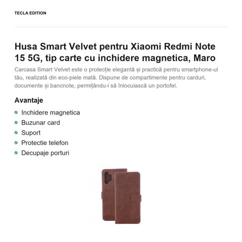 Husa Smart Velvet pentru Xiaomi Redmi Note 15 5G, tip carte cu inchidere magnetica, Maro [1]