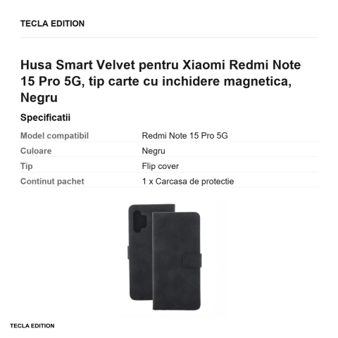Husa Smart Velvet pentru Xiaomi Redmi Note 15 Pro 5G, tip carte cu inchidere magnetica, Negru [2]