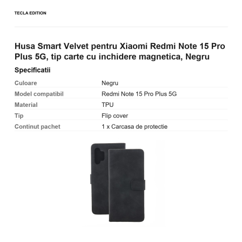 Husa Smart Velvet pentru Xiaomi Redmi Note 15 Pro Plus 5G, tip carte cu inchidere magnetica, Negru [2]