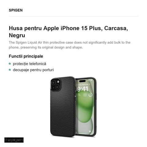 Husa Spigen Liquid Air matte pentru Apple iPhone 15 Plus, Carcasa, Negru [1]