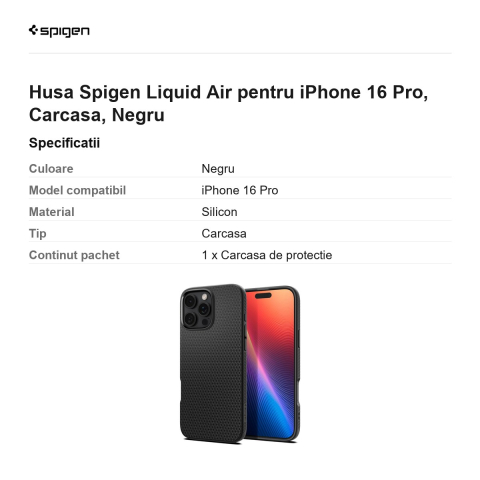 Husa Spigen Liquid Air pentru iPhone 16 Pro, Carcasa, Negru [2]