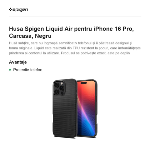 Husa Spigen Liquid Air pentru iPhone 16 Pro, Carcasa, Negru [1]