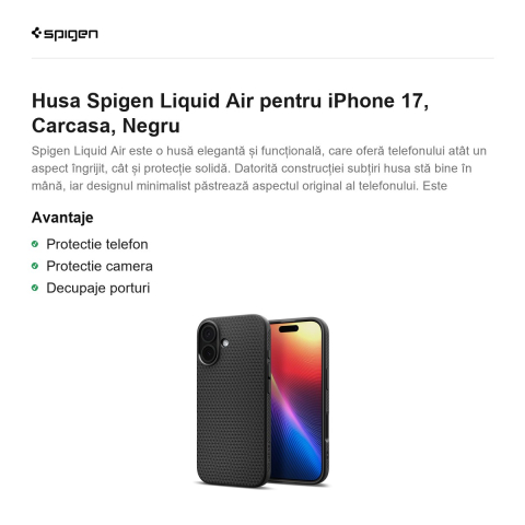 Husa Spigen Liquid Air pentru iPhone 17, Carcasa, Negru [1]