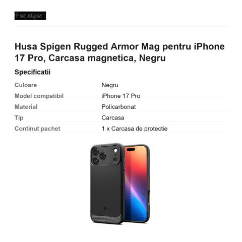 Husa Spigen Rugged Armor Mag pentru iPhone 17 Pro, Carcasa magnetica, Negru [2]