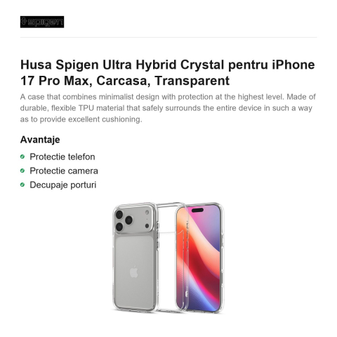 Husa Spigen Ultra Hybrid Crystal pentru iPhone 17 Pro Max, Carcasa, Transparent [1]