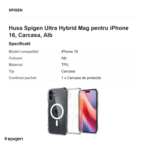 Husa Spigen Ultra Hybrid Mag pentru iPhone 16, Carcasa, Alb [2]